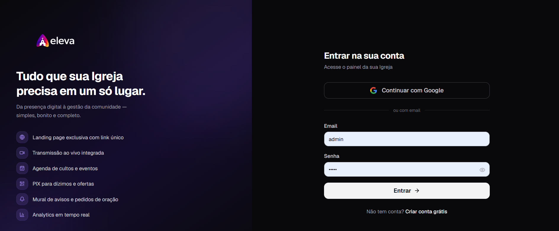 Tela de login do Eleva
